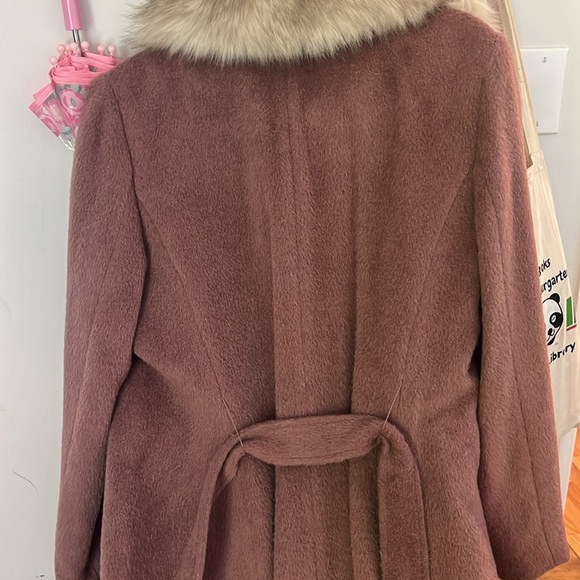 Cole HAAN Faux-Fur COLLAR Wool Blend Belted WRAP Coat Burgundy Size 12 - Picture 7 of 7